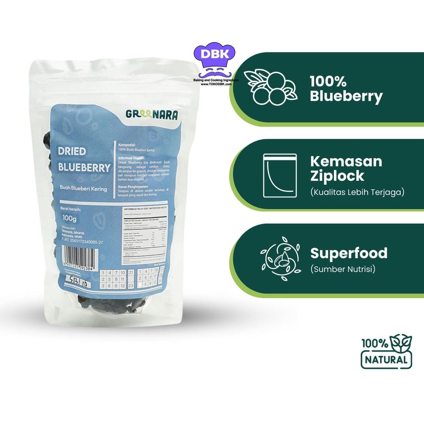 Greenara Natural Dried Blueberry 100gr Buah Kering Vitamin C 10.8mg Superfood Kalori Rendah