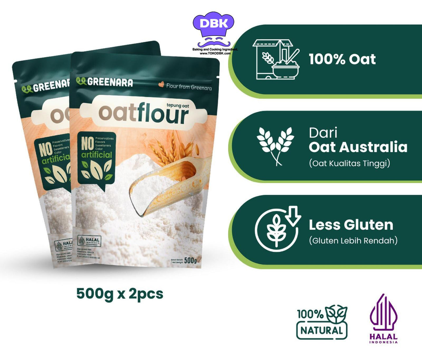 Greenara Natural Oat Flour 1Kg Less Gluten / Tepung Oat Pancake Roti Kue / Pengganti Tepung Terigu