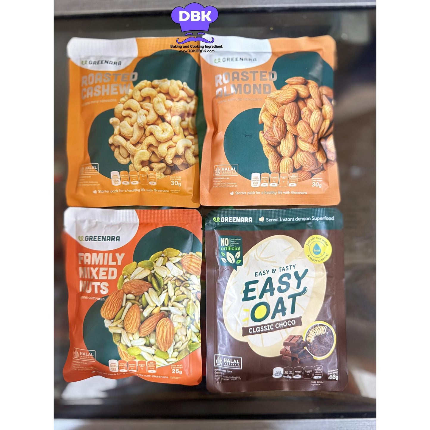 Greenara Roasted Almond / Cashew mede / Mixed Nuts / oatmeal instant 30gr One Serving snack kacang instant sehat