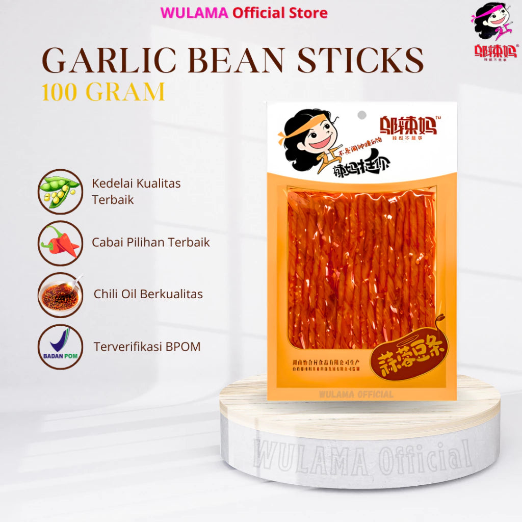 Wulama - Cemilan Vegetarian Kulit Tahu Spicy Tendon Garlic Vegan latiaw - lan tiao - latiao gurih manis pedas 100gr