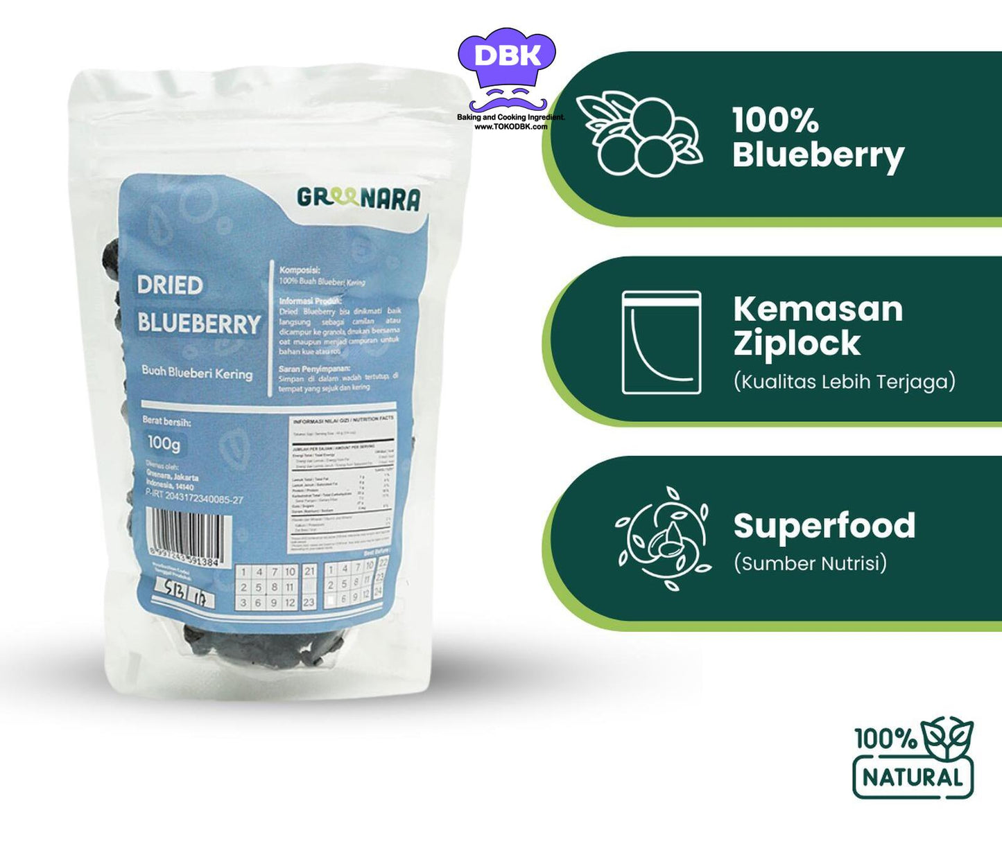 Greenara Natural Dried Blueberry 100gr / Buah Blueberry Kering